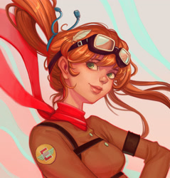 Size: 3508x3664 | Tagged: safe, oc, oc:morning star, human, aviator goggles, cable, clothes, enclave, female, flight suit, goggles, hairpin, high res, humanized, insignia, pilot, ponytail, scarf, smiling, solo