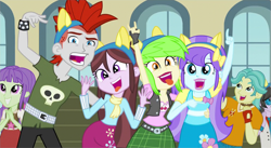 Size: 995x544 | Tagged: safe, screencap, aqua blossom, brawly beats, cherry crash, crimson napalm, ringo, starlight, velvet sky, human, equestria girls, g4, my little pony equestria girls: friendship games, belt, bow, clothes, cropped, devil horn (gesture), fingerless gloves, gloves, hairband, jacket, jewelry, lipstick, looking at you, looking up, mohawk, necklace, open mouth, pointing, posing for photo, right there in front of me, scarf, shirt, skirt, smiling, tongue out, vest, wondercolt ears