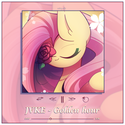 Size: 2200x2200 | Tagged: safe, artist:miryelis, fluttershy, pegasus, pony, g4, cute, eyes closed, flower, high res, long hair, music, shyabetes, signature, simple background, solo, text
