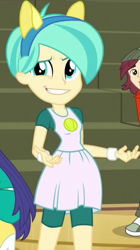 Size: 304x543 | Tagged: safe, screencap, blueberry cake, normal norman, tennis match, human, equestria girls, g4, my little pony equestria girls: friendship games, bracelet, clothes, dress, grin, headband, jewelry, shirt, shorts, smiling, wondercolt ears