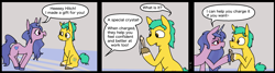 Size: 2323x626 | Tagged: safe, artist:davierocket, hitch trailblazer, izzy moonbow, earth pony, pony, unicorn, g5, blushing, comic, crystal, dock, duo, duo male and female, female, innuendo, male, mare, ship:moontrail, shipping, simple background, speech bubble, stallion, straight, tail, text, unshorn fetlocks