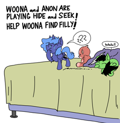 Size: 3413x3508 | Tagged: safe, artist:ponny, princess luna, oc, oc:filly anon, alicorn, earth pony, pony, g4, bed, colored, female, filly, foal, hide, hide and seek, high res, pillow, plushie, simple background, speech bubble, teddy bear, text, white background, woona, younger