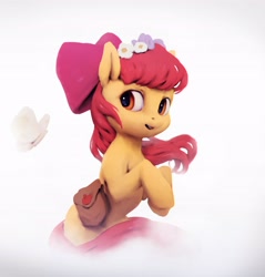 Size: 3913x4096 | Tagged: safe, artist:inkhooves, apple bloom, butterfly, earth pony, pony, g4, adorabloom, bag, cute, female, filly, floral head wreath, flower, flower in hair, foal, saddle bag, simple background, solo, white background