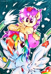 Size: 2225x3234 | Tagged: safe, artist:liaaqila, rainbow dash, scootaloo, pegasus, pony, g4, :p, commission, cute, cutealoo, dashabetes, duo, duo female, female, filly, foal, high res, hose, mare, open mouth, playing, scootalove, siblings, sisters, spread wings, tongue out, traditional art, water balloon, wet, wet mane, wings