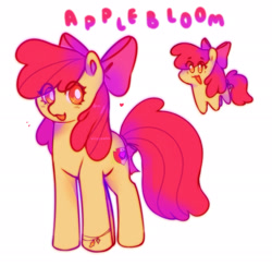 Size: 2048x1997 | Tagged: safe, artist:sillypawbs, apple bloom, earth pony, pony, g4, adorabloom, chibi, cute, female, filly, foal, heart, open mouth, simple background, solo, text, white background