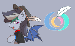 Size: 3314x2048 | Tagged: safe, artist:hcl, oc, oc only, oc:dream stray, bat pony, pony, ear fluff, eyelashes, feather, feathered hat, female, gray background, hat, high res, magenta eyes, mare, open mouth, simple background, solo, spread wings, teeth, wings