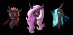 Size: 1863x900 | Tagged: safe, artist:carnifex, oc, oc only, changeling, changeling queen, angry, blue changeling, love, pink changeling, red changeling, trio