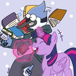 Size: 720x720 | Tagged: safe, artist:obsessedpianist, twilight sparkle, alicorn, bird, blue jay, pony, g4, abstract background, blue background, book, clothes, crossover, duo, emanata, eyes closed, magic, mordecai, regular show, simple background, smiling, stressed, sweater, telekinesis, twilight sparkle (alicorn)