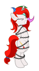 Size: 1947x3522 | Tagged: safe, artist:equestria secret guard, artist:radiantrealm, oc, oc only, oc:shallow light, pony, unicorn, arm behind back, belly button, bipedal, bondage, chains, duo, female, helpless, horn, horn ring, jewelry, magic suppression, mare, ring, sexy, simple background, tied up, transparent background, unicorn oc