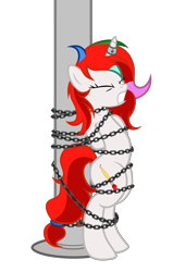 Size: 2408x3791 | Tagged: safe, artist:equestria secret guard, artist:radiantrealm, oc, oc only, oc:shallow light, pony, unicorn, arm behind back, belly button, bipedal, blushing, bondage, chains, female, helpless, high res, horn, horn ring, jewelry, magic suppression, mare, pole, pole tied, ring, rope, sexy, simple background, solo, tied up, transparent background, unicorn oc