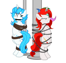 Size: 3806x3680 | Tagged: safe, artist:equestria secret guard, artist:radiantrealm, oc, oc only, oc:blueblaze stardust, oc:shallow light, pony, unicorn, arm behind back, ballgag, belly button, bipedal, bondage, bound and gagged, chains, duo, female, gag, help us, helpless, high res, horn, horn ring, jewelry, magic suppression, mare, pole, pole tied, ring, rope, rope bondage, sexy, simple background, tied up, transparent background, unicorn oc