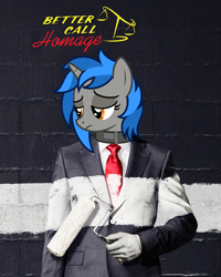 Size: 1080x1350 | Tagged: safe, oc, oc:homage, human, pony, unicorn, fallout equestria, better call saul, breaking bad, clothes, fallout, humanized, lawyer, meme, paint, saul goodman, solo, suit, tv show, white paint