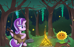 Size: 2173x1396 | Tagged: safe, artist:weiling, starlight glimmer, butterfly, firefly (insect), insect, pony, unicorn, g4, campfire, crossover, cute, female, flower, forest, glowing, guitar, leaf, mare, musical instrument, night, plants vs zombies, simple background, sitting, solo, sunflower, tree