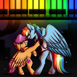 Size: 2000x2000 | Tagged: safe, artist:krypticquartz, rainbow dash, scootaloo, pegasus, pony, fanfic:rainbow factory, g4, abstract background, bipedal, blood, butt, clothes, duo, fanfic art, feather, female, gritted teeth, high res, lab coat, liquid rainbow, looking at each other, looking at someone, mare, plot, rainbutt dash, smiling, spectra, speedpaint available, teeth