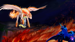 Size: 2500x1400 | Tagged: safe, artist:arisu-kun, daybreaker, derpy hooves, nightmare moon, alicorn, earth pony, pony, g4, butt, digital art, female, fire, mare, night, plot