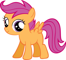 Size: 900x823 | Tagged: safe, artist:ryanthebrony, scootaloo, pegasus, pony, g4, all fours, blank flank, cute, cutealoo, female, filly, foal, grin, magenta hair, magenta mane, magenta tail, no cutie marks yet, orange coat, orange fur, orange wings, purple eyes, simple background, smiling, solo, transparent background, vector, wings