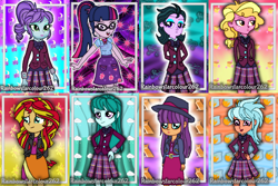 Size: 2000x1332 | Tagged: safe, artist:rainbowstarcolour262, cold forecast, crystal lullaby, frosty orange, ginger owlseye, sci-twi, sunset shimmer, taffy shade, twilight sparkle, zephyr, human, series:equ wallpapers, equestria girls, g4, my little pony equestria girls: better together, my little pony equestria girls: friendship games, :d, abstract background, background human, belt, blonde hair, bowtie, clothes, collage, crystal prep academy uniform, crystal prep shadowbolts, cute, cutie mark, cutie mark background, cutie mark on clothes, dress, eyeshadow, fedora, female, freckles, geode of telekinesis, glasses, green eyes, hand behind back, hand on hip, happy, hat, jacket, leather, leather jacket, lipstick, long hair, magical geodes, makeup, multicolored hair, necktie, open mouth, open smile, owlabetes, plaid skirt, pleated skirt, ponytail, purple eyes, school uniform, shimmerbetes, shirt, signature, skirt, smiling, twiabetes, wall of tags