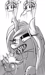 Size: 1912x3200 | Tagged: safe, artist:uteuk, queen chrysalis, changeling, changeling queen, g4, angry, blushing, boop, changeling drone, duo, fangs, grayscale, monochrome, onomatopoeia, sharp teeth, simple background, sleeping, sound effects, teeth, white background, zzz