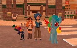 Size: 1131x707 | Tagged: safe, artist:puzzlshield2, oc, oc:puzzle shield, alicorn, pony, 3d, alicorn oc, crossover, disney, horn, judy hopps, meggy spletzer, smg4, splatoon, sunset, super mario bros., tari, wings, zootopia