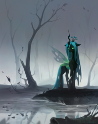Size: 3072x3872 | Tagged: safe, artist:jewellier, queen chrysalis, changeling, changeling queen, g4, bare tree, fog, forest, high res, insect wings, looking at you, reflection, solo, standing, swamp, tree, water, wings