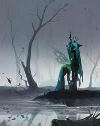 Size: 3072x3872 | Tagged: safe, artist:jewellier, queen chrysalis, changeling, changeling queen, g4, bare tree, fog, forest, high res, holes in wings, insect wings, looking at you, reflection, solo, standing, swamp, tree, water, wings