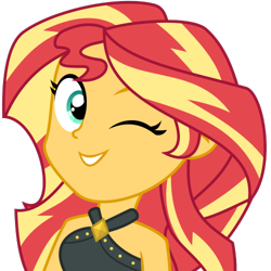 Size: 500x500 | Tagged: safe, artist:the smiling pony, derpibooru exclusive, sunset shimmer, human, derpibooru, equestria girls, g4, .svg available, bare shoulders, clothes, derpibooru badge, looking at you, meta, one eye closed, simple background, sleeveless, smiling, smiling at you, solo, svg, swimsuit, transparent background, vector, wink, winking at you