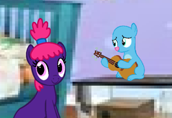 Size: 721x496 | Tagged: safe, artist:fantasygirls56, earth pony, guinea pig, pony, g4, acoustic guitar, bedroom, colt, crossover, duo, female, foal, guitar, hair, indoors, male, mare, mr. guinea pig, mr. guinea pig superstar, musical instrument, my friend, pinky dinky doo, pinky dinky doo (character), ponified, ponytail, room, singing, sitting, smiling