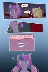 Size: 960x1440 | Tagged: safe, artist:cold-blooded-twilight, fluttershy, pinkie pie, twilight sparkle, pegasus, pony, unicorn, cold blooded twilight, comic:cold storm, g4, alternate design, comic, dialogue, exclamation point, eyes closed, female, flower, flower in hair, gradient background, interrobang, mare, open mouth, open smile, question mark, smiling, speech bubble, thought bubble, unicorn twilight