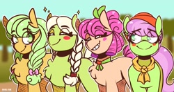 Size: 2360x1255 | Tagged: safe, artist:lrusu, apple rose, auntie applesauce, goldie delicious, granny smith, earth pony, pony, g4, blushing, bow, braid, chest fluff, eye clipping through hair, eyebrows, eyebrows visible through hair, grin, hair bow, smiling, younger
