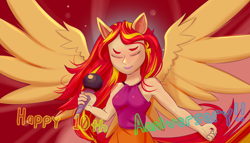 Size: 2880x1645 | Tagged: safe, artist:php93, sunset shimmer, equestria girls 10th anniversary, equestria girls, g4, my little pony equestria girls: rainbow rocks, alternate scenario, armpits, clothes, dress, female, fist, microphone, ponied up, simple background, sleeveless, sleeveless dress, solo, spread wings, text, wings