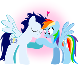 Size: 1400x1400 | Tagged: safe, artist:mlplary6, rainbow dash, soarin', pegasus, pony, g4, blushing, boyfriend and girlfriend, eyes closed, female, heart, hoof kissing, kissing, love, male, mare, ship:soarindash, shipping, stallion, straight, surprised