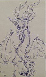 Size: 715x1183 | Tagged: safe, artist:sigmapegasi, discord, draconequus, g4, eyebrows, looking at you, male, mismatched wings, monochrome, smiling, smiling at you, solo, spread wings, traditional art, wings