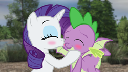 Size: 1920x1080 | Tagged: safe, artist:georgegarza01, rarity, spike, dragon, pony, unicorn, g4, blushing, cheek kiss, cute, female, hooves on cheeks, kissing, male, ship:sparity, shipping, show accurate, spikabetes, straight, winged spike, wings, youtube link