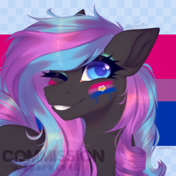 Size: 1000x1000 | Tagged: safe, artist:sparkie45, oc, oc:obabscribbler, earth pony, pony, bisexual, bisexual pride flag, bisexuality, commission, commission example, commission open, one eye closed, polyamory pride flag, pride, pride flag, pride month, smiling, solo, wink, ych result