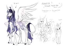Size: 5640x4000 | Tagged: safe, artist:iheyyasyfox, oc, oc only, oc:stella alba nyx, alicorn, pony, absurd resolution, alicorn oc, concave belly, female, horn, leonine tail, long feather, mare, name, offspring, one wing out, parent:flash sentry, parent:twilight sparkle, parents:flashlight, simple background, slender, solo, tail, thin, white background, wings