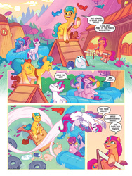 Size: 768x1024 | Tagged: safe, idw, official comic, hitch trailblazer, izzy moonbow, pipp petals, sunny starscout, zipp storm, earth pony, pegasus, pony, rabbit, squirrel, unicorn, g5, official, spoiler:comic, spoiler:comiccampbighoof1, spoiler:g5comic, animal, camp bighoof, eyes closed, female, happy, male, mane five, mane stripe sunny, mare, smiling, stallion