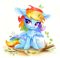 Size: 1200x1155 | Tagged: safe, artist:maytee, rainbow dash, pegasus, pony, g4, :t, bandaid, chest fluff, colored pencil drawing, crash, cute, dashabetes, female, filly, filly rainbow dash, messy mane, rainbow crash, sitting, solo, spread wings, traditional art, watercolor painting, wings, younger