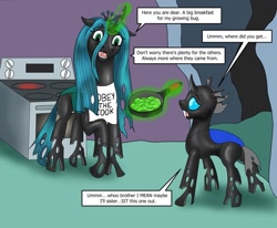 Size: 1279x1052 | Tagged: safe, artist:termyotter, queen chrysalis, changeling, g4, apron, atg 2023, clothes, implied cannibalism, magic, newbie artist training grounds, pan