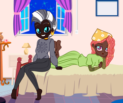 Size: 2988x2512 | Tagged: safe, artist:cent, artist:charliexe-edits, artist:yaya54320bases, edit, tree hugger, zecora, human, g4, alternate hairstyle, bandana, barefoot, base used, bed, bedroom, blanket, clothes, commission, curtains, cute, dark skin, denim, dress, duo, ear piercing, earring, eyebrow piercing, feet, female, grin, high res, humanized, jeans, jewelry, lying down, neck rings, nose piercing, nose ring, pants, piercing, prone, smiling, soles, sweater, tattoo, window, ych result