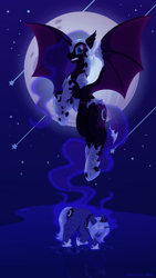 Size: 1080x1920 | Tagged: safe, artist:willoillo, nightmare moon, princess luna, alicorn, pony, g4, armor, crying, duality, duo, female, flying, mare, moon, younger