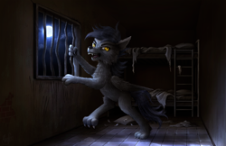 Size: 4096x2660 | Tagged: safe, artist:magfen, pegasus, pony, werewolf, wolf pony, bed sheets, bunk bed, cell, full moon, moon, night, sharp teeth, solo, staring at you, yellow eyes