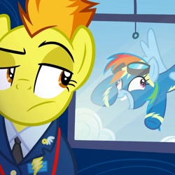 Size: 1080x1080 | Tagged: safe, artist:sergeantspitfire, rainbow dash, spitfire, pegasus, pony, g4, accident, captain of the wonderbolts, clothes, cross-eyed, drill sergeant, duo, eyebrows, female, goggles, lol, looking back, necktie, raised eyebrow, spitfire's office, spitfire's tie, suit, uniform, window, wonderbolts, wonderbolts dress uniform, wonderbolts uniform