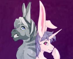 Size: 1308x1051 | Tagged: safe, artist:fantdragon, editor:xbi, oc, oc:fapon, oc:lapush buns, bunnycorn, pony, rabbit, unicorn, zebra, animal, back to back, bunny ears, digital art, duo, male, mixed media, purple background, simple background, size comparison, stallion, traditional art