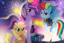 Size: 1080x729 | Tagged: safe, artist:apple.tothecore, artist:lilacsinthemoon, artist:royal.twilight, applejack, rainbow dash, twilight sparkle, alicorn, earth pony, pegasus, pony, g4, the last problem, cowboy hat, female, fireworks, hat, magic, mare, older, older applejack, older rainbow dash, older twilight, older twilight sparkle (alicorn), princess twilight 2.0, sparkler (firework), stetson, telekinesis, trio, trio female, twilight sparkle (alicorn)