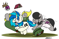 Size: 2290x1524 | Tagged: safe, artist:bobthedalek, dj pon-3, vinyl scratch, oc, oc:mixed melody, oc:octavia's father, oc:octavia's mother, oc:ostinato melody, earth pony, pony, unicorn, g4, atg 2023, book, chair, mug, newbie artist training grounds, running, simple background, this will end in intensive mothering, white background