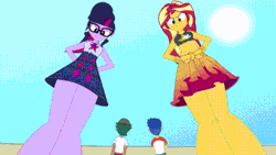 Size: 640x360 | Tagged: safe, artist:a giant woman, flash sentry, sci-twi, sunset shimmer, timber spruce, twilight sparkle, human, equestria girls, g4, angry, animated, female, gif, male, micro, quiver, scolding, shrinking, size difference, smaller male, yelling