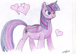 Size: 2912x2059 | Tagged: safe, artist:darkaudi1728, twilight sparkle, alicorn, pony, g4, eyelashes, female, heart, high res, mare, signature, smiling, solo, traditional art, twilight sparkle (alicorn)