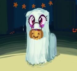 Size: 1836x1702 | Tagged: safe, artist:mandumustbasukanemen, berry punch, berryshine, earth pony, pony, g4, atg 2023, clothes, costume, female, ghost costume, halloween, halloween costume, holiday, mare, newbie artist training grounds, nightmare night, nightmare night costume, nose carry, pumpkin bucket, smiling, solo