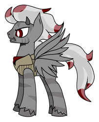 Size: 1272x1568 | Tagged: safe, artist:yamston, oc, oc only, oc:darkest bleak, hybrid, pegasus, pony, zebra, fanfic:living the dream, 2023, clothes, fanfic art, gray coat, horns, hybrid oc, red eyes, sharp teeth, simple background, slit pupils, smiling, solo, spread wings, suit, teeth, transparent background, two toned mane, wings, zebra oc