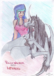 Size: 2059x2912 | Tagged: safe, artist:darkaudi1728, oc, oc only, oc:inferno, alicorn, bat pony, bat pony alicorn, human, pony, bat pony oc, bat wings, curved horn, duo, high res, horn, smiling, traditional art, unshorn fetlocks, wings